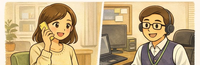 京都のパソコン修理や設定での私と相談相手の電話相談のイメージイラスト