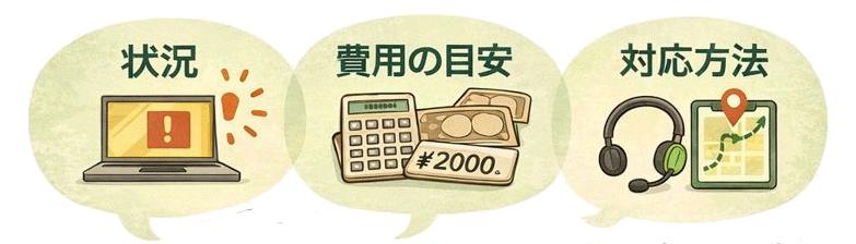 京都でパソコン修理や設定の事で、お困りの場合の電話相談で得られるメリットのイラスト