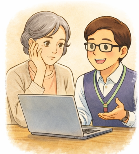 京都市南区のご自宅でパソコンの不調を相談する女性に説明しているエヌシーオー代表のイラスト