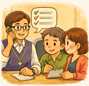 電話で相談して内容を整理でき、安心して進められる様子を表したイラスト（チェックマークで安心を表現）