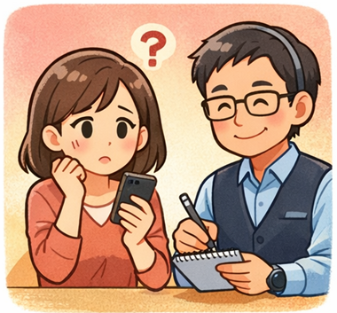 マホを見て不安そうなお客様の横で、眼鏡とベストのスタッフがメモを取りながら落ち着いて話を聞いている