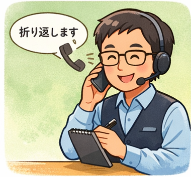 眼鏡とベストのスタッフが電話に出て「折り返します」と伝えながら、メモを取り対応している