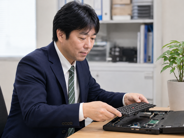 起動しないノートパソコンの状態を確認するエヌシーオー代表の西村