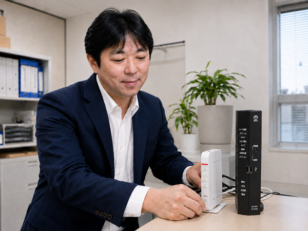 インターネット回線機器と無線ルーターを確認するエヌシーオー代表の西村